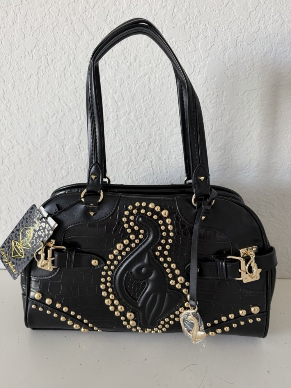 Baby Phat Croc Embossed Studded Cat Satchel Bowler Bag Black Gold Y2K Viral NEW